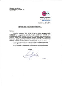 Certificado buena ejecución de obra de hormigón poroso - Madrid